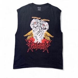 Black Cut-Off Champion Graphic Tee “New Level New Devil” Death Metal Design